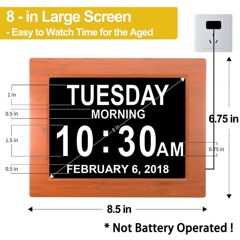 JALL ã€New 2024ã€‘ Digital Calendar Alarm Day Clock - with 8" Large Screen Display, am pm, Multiple Alarms, for Impaired Vision People, The Aged Seniors, The Dementia, for Desk, Wall Mounted, Wood - Image 2